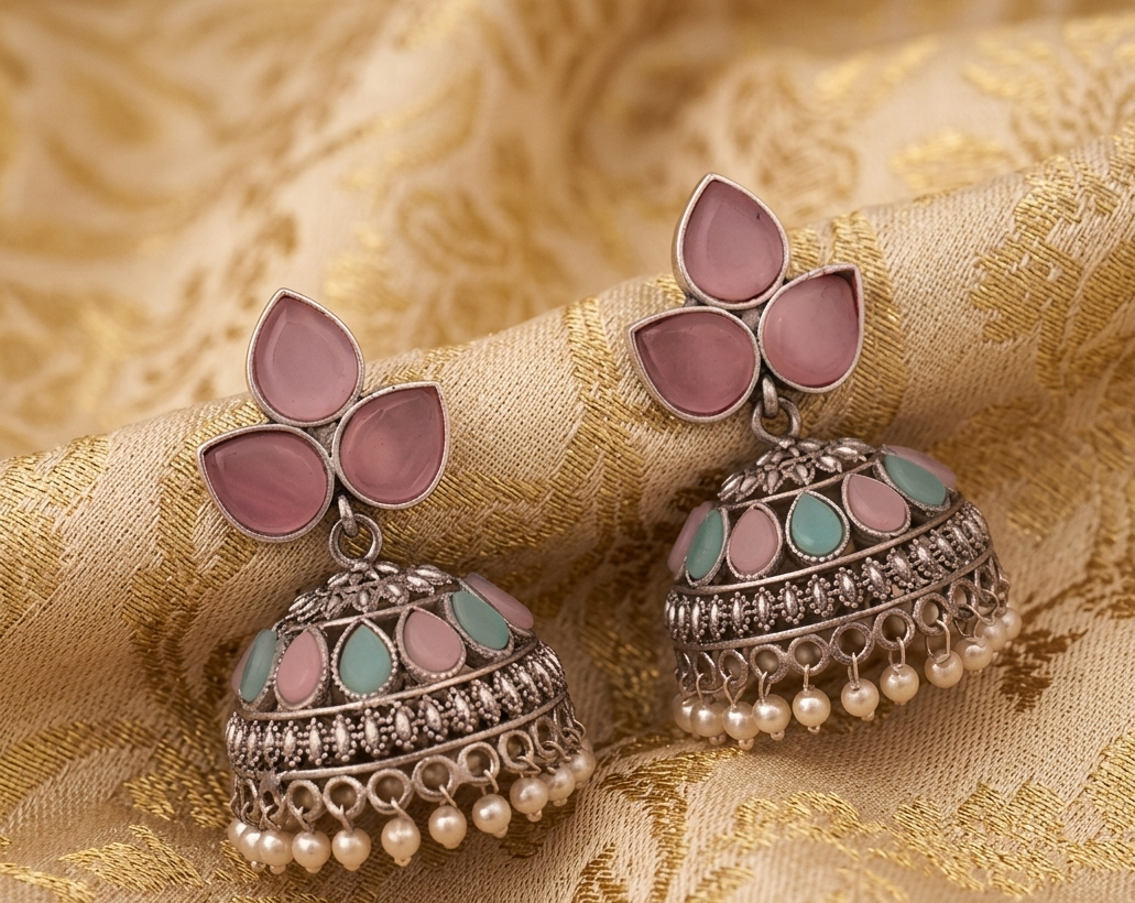 Elegant Dome Jhumka Earrings – Oxidized Silver-Plated Traditional Design