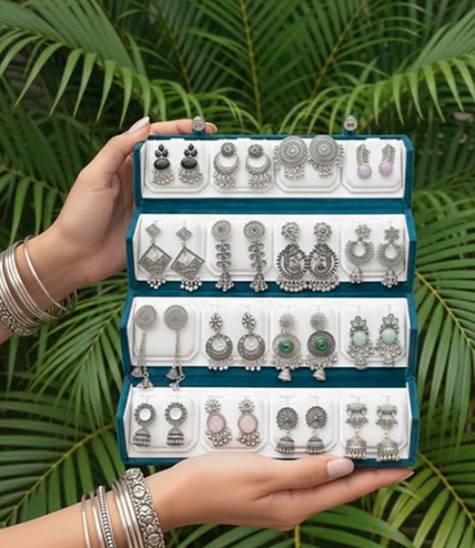 Elegant 16 Oxidised Jhumka Set with Luxury Blue Storage Case by Shingar