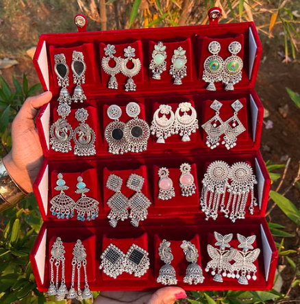 Elegant 16 Oxidised Silver Jhumka Set with Luxury Red Storage Case by Shingar